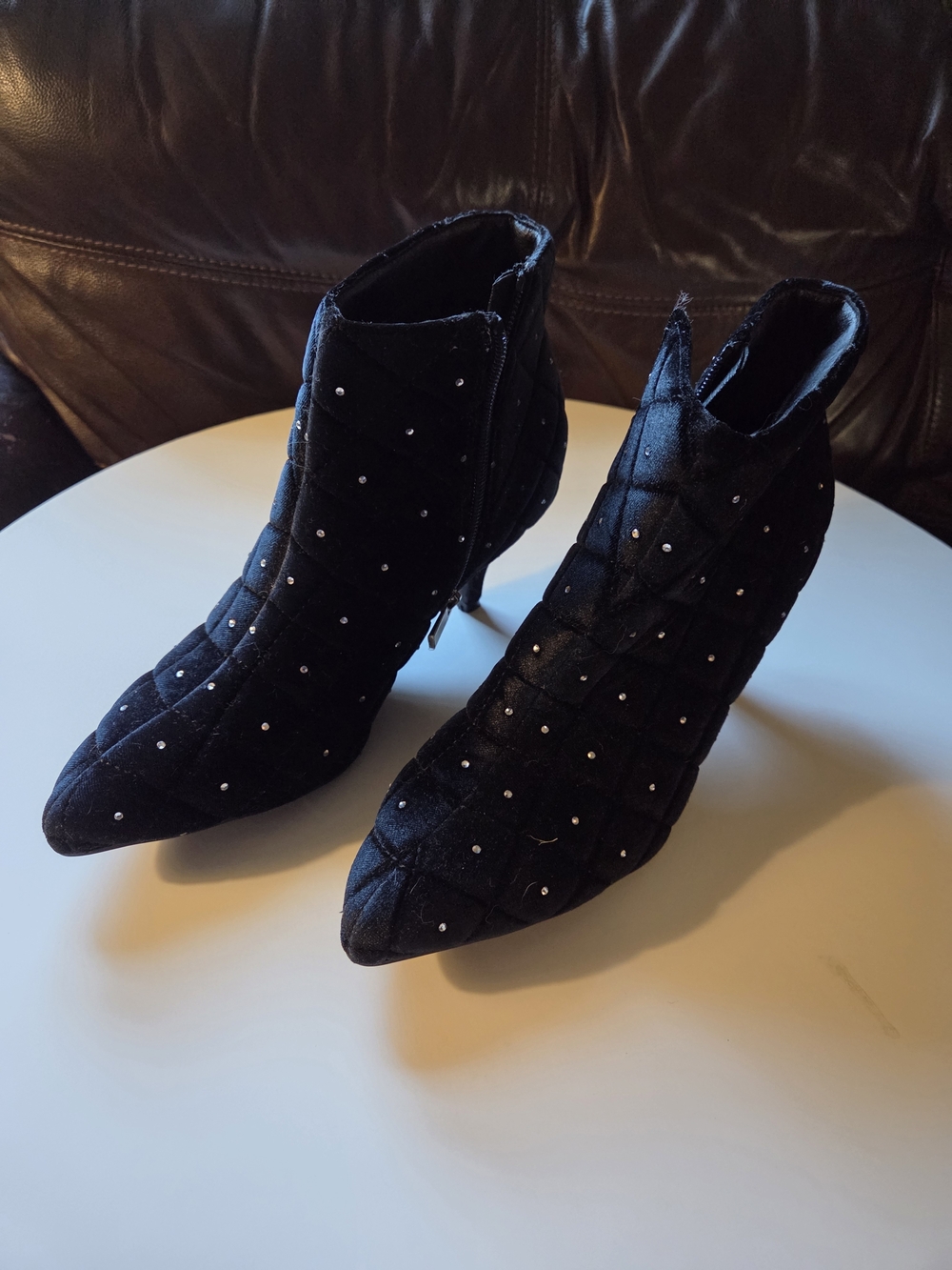 Quilted Black Pointed-Toe Ankle Booties with Stud Embellishment
